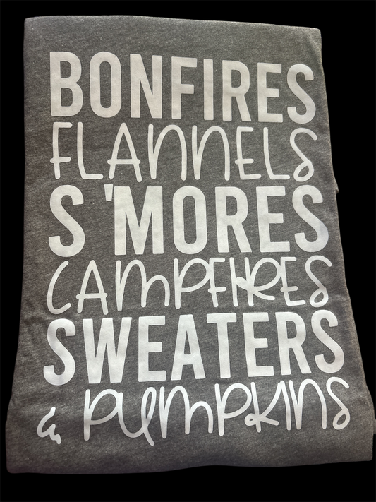 Bonfires, flannels, s'mores, campfire, sweaters and pumpkins bella canvas tee