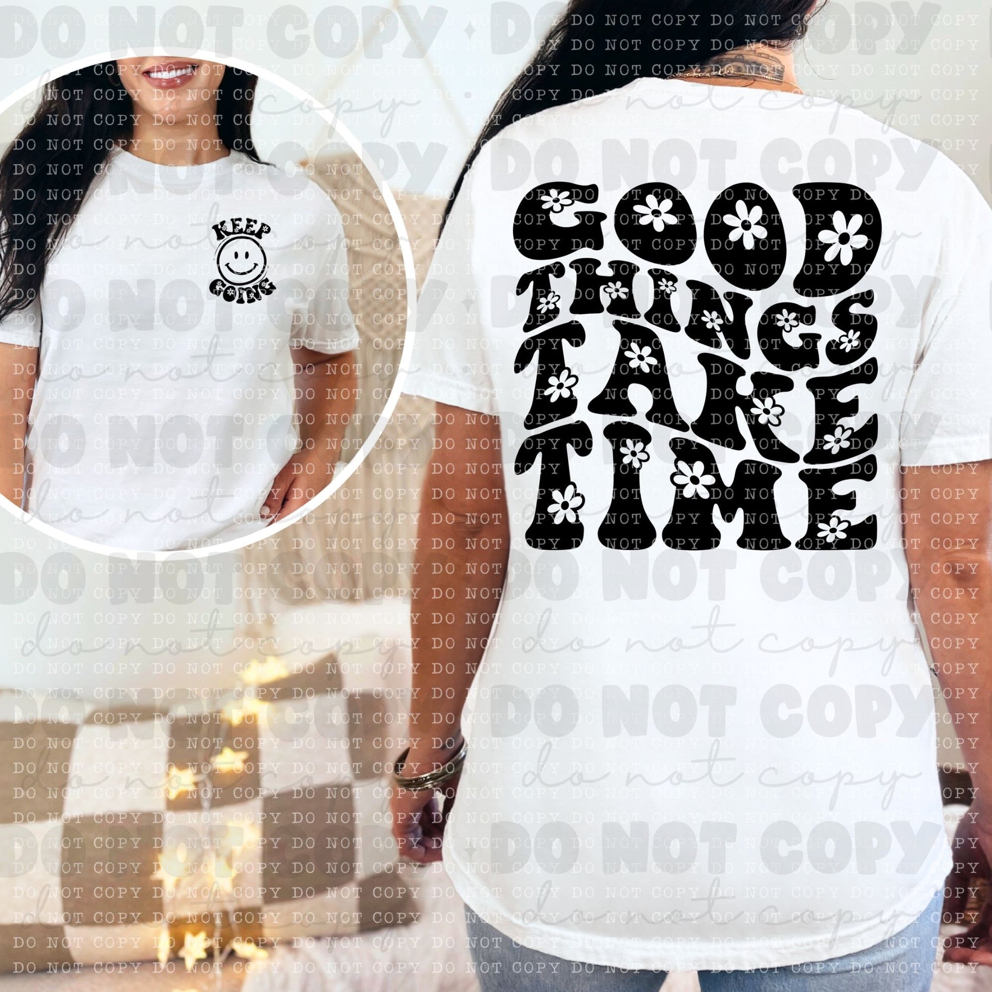 Good Things Take Time Floral Blk With Pocket Tee