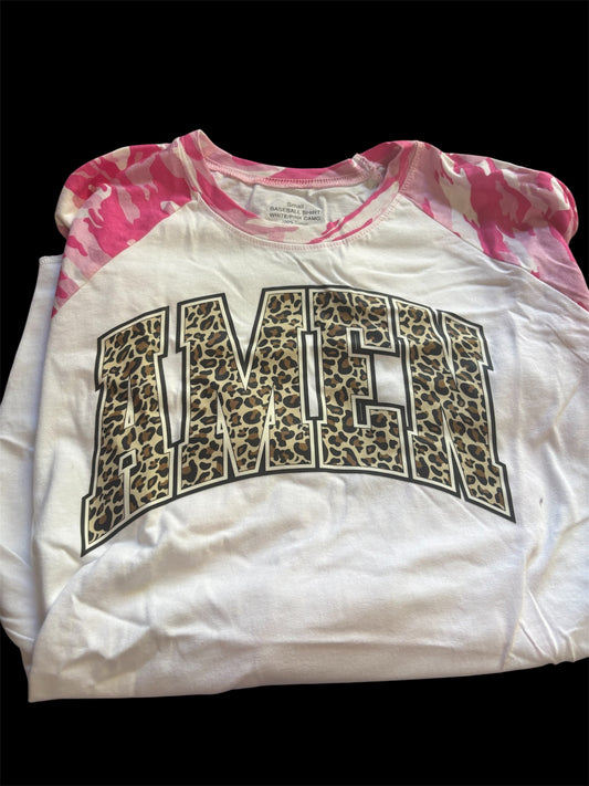 Leopard Amen raglan pink camo sleeves white body