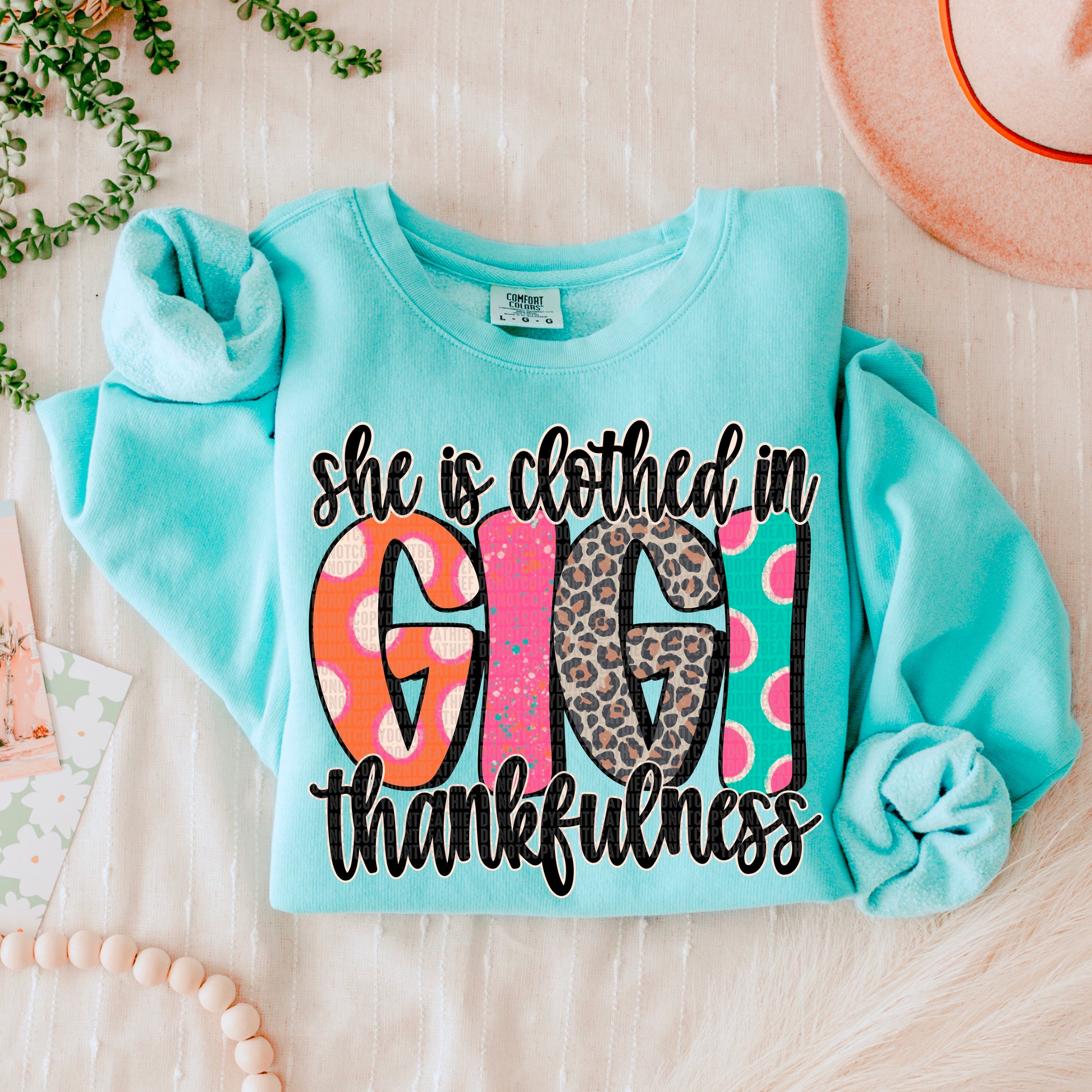 She is clothed in thankfulness (drop down menu names)